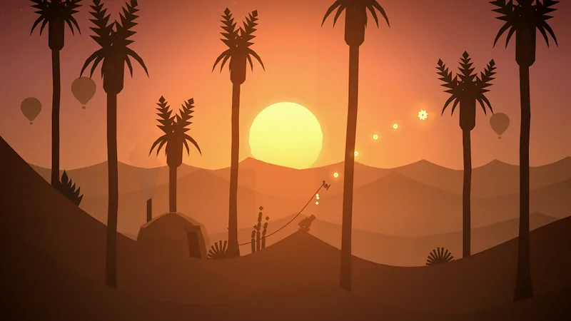 Schermata di Alto's Odyssey: discesa nel deserto al tramonto tra palme in controluce