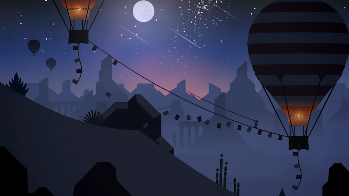 Alto's Odyssey: mongolfiere e cielo stellato durante una discesa notturna