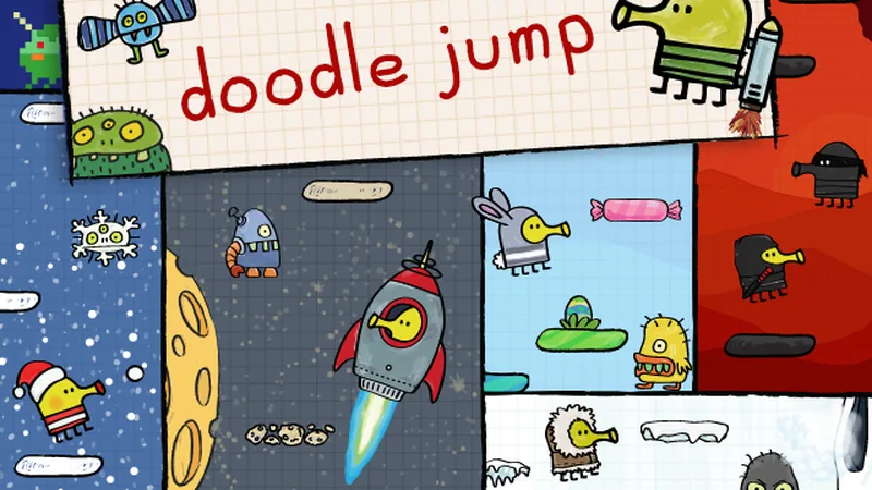 Schermata di Doodle Jump: personaggi disegnati a mano su fogli a quadretti