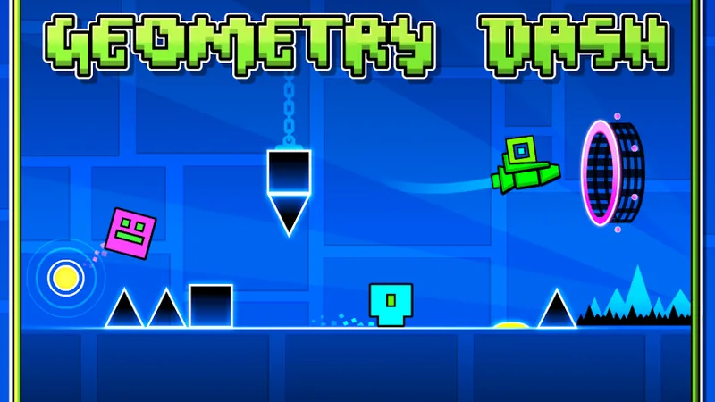 Schermata di Geometry Dash Lite: cubo verde in corsa su un livello blu a ostacoli geometrici