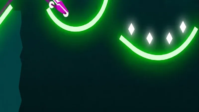 Schermata di Rider: moto luminosa che percorre una curva al neon verde su sfondo scuro